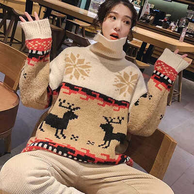 

Tailored Women O-Neck Long Sleeve Merry Christmas Elk Print Knit Sweater Pullover Top