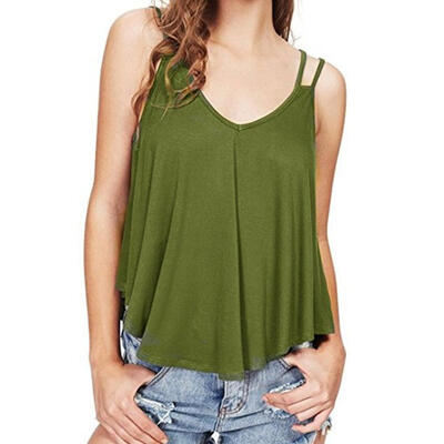 

Solid Color Double Sling Girl Vest Women Summer Sexy V-neck Loose Tank Tops