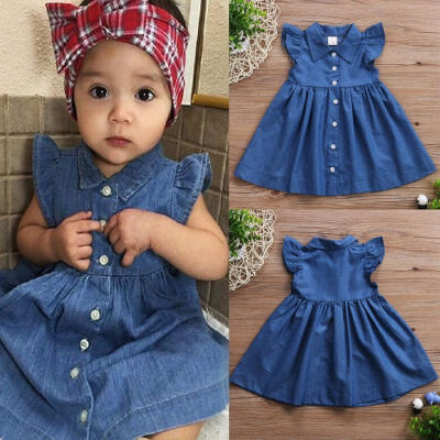 

2017 Cute Toddler Kids Girls Summer Denim Dress Fly Sleeve Button Children Princess Tutu Party Dresses Sundress Clothes 1-6Y