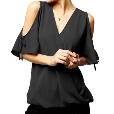 

Summer Chiffon Off Shoulder Women Tops Cold Sleeve Strap Solid Knot T-shirt