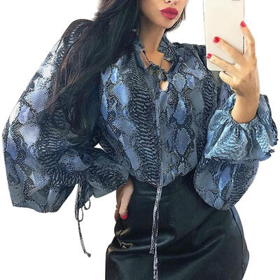 

Women Fashion Snake Print Chiffon Blouse Lantern Sleeve Shirt Streetwear