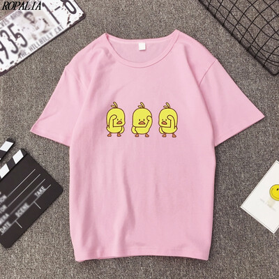

Womens Round Neck Cartoon Yellow Ducks Print Short Sleeve T-Shirt