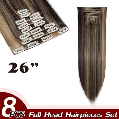 

17" Straight 8 Pcs Full Head Clip in Hair Extensions Synthetic 8 Piece 18 Clips Hairpiece Long Straight for Women