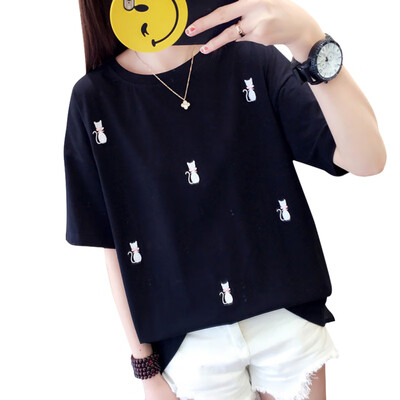

Women Tshirts Cat Print Short Sleeve Embroidery Campus Style T-shirt Round Neck Cotton Femme Soft Comfortable Girls Tops