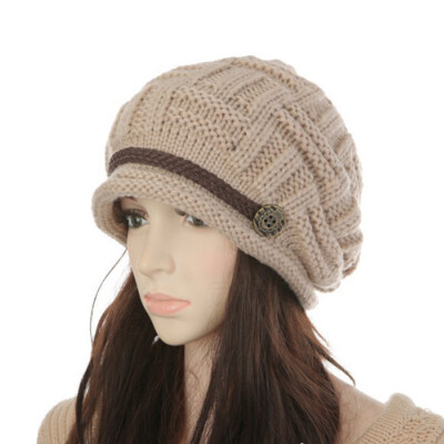 

Women Winter Knitted Braided Beanie Hats Cabled Checker Pattern Hat Beret Slouchy Button Leather Belt Cap