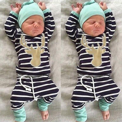 

Newborn Baby Boy Girl Long Sleeve Tops Long Pants Hat 3PCS Outfits Set Clothes