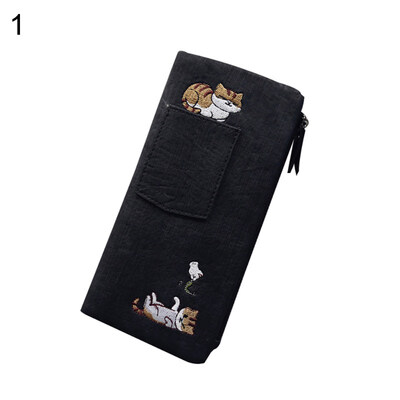 

Cartoon Cat Embroidery Women Long Purse Card Cash Holder Faux Leather Clutch Bag