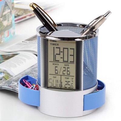 

Siaonvr Digital LED Desk Alarm Clocks Mesh Pen Pencil Holder Calendar Timer Temperature