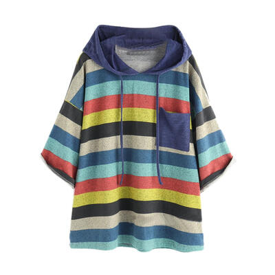 

Women Spring Stripe Pullovers Tops 34 Sleeves Casual Loose Pocket Hoodies