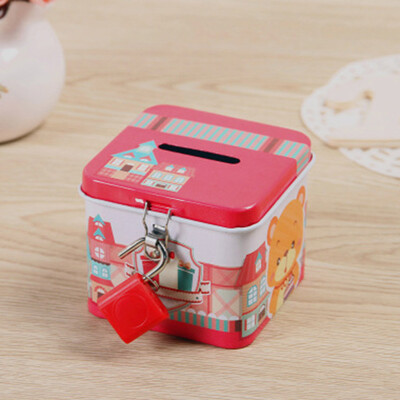 

Piggy Bank Cartoon Square Coin Bank Box Tinplate Storage Box for Children Random
