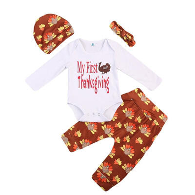 

Toddler Baby 4PCS Outfits Long Sleeve Romper Pants Hat Thanksgiving Clothes Sets