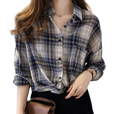 

Women Casual All-match Plaid Shirt Long Sleeve Loose Lightweight Button-up Blouse Top