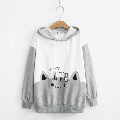 

Nomeni Womens Casual Long Sleeve Kitty Cat Print Pocket Thin Hoodie Blouse Top BKS
