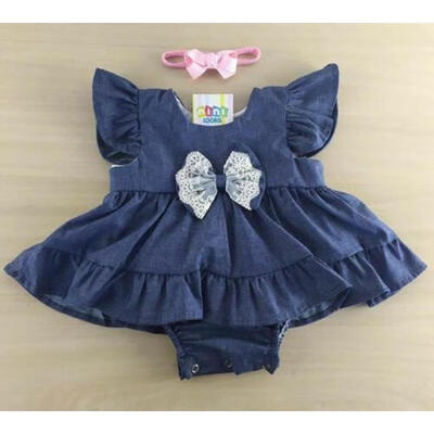 

Fashion Kids Baby Girls Denim Lace Bow Romper Bodysuit Dress Outfits Clothes Set