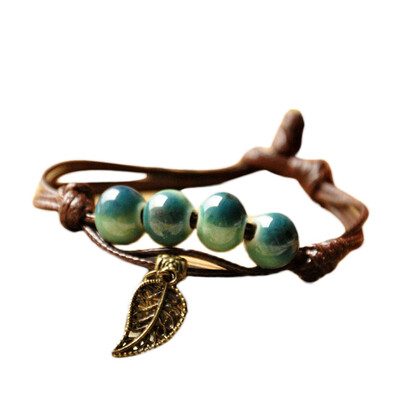 

New Design Kiln Porcelain Designed Specialty In Jingdezhen Folk Style Ceramic Round Beads Rope Chain Braided Bracelet
