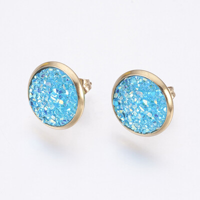 

Resin Stud Earrings with Golden Tone 304 Stainless Steel Findings Flat Round Druzy Resin DeepSkyBlue 14515mm Pin 07mm
