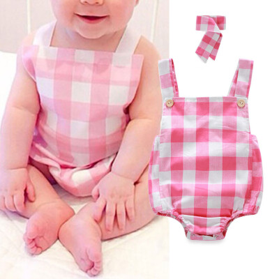 

Baby Infant Romper Jumpsuit Bodysuit Cotton Pink Plaids Clothes Outfit Headband