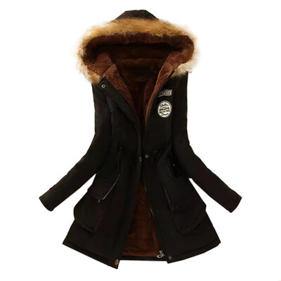 

Winter Women Warm Long Sleeve Coat Faux Fur Collar Hooded Zipper Button lace Up Parka Outwear