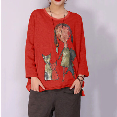 

Nomeni Women Casual Long Sleeve Tops Tee T-Shirt Vintage Plus Size Solid Loose Blouse