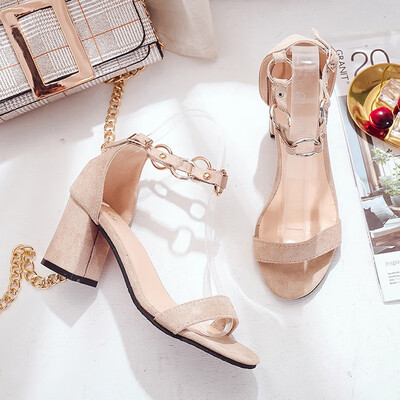 

Sandals Female Summer Korean Version 100-word buckle high-heeled shoe Student Fresh&Rough-heeled Single Shoe Female