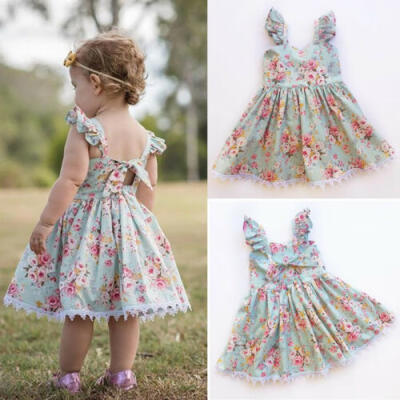 

UK Kids Baby Girls Ruffle Sleeveless Lace Flower Dress Sundress Summer Clothes