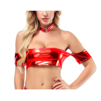 

Womens Shiny Wetlook Tops Sexy Slim Fit Off Shoulder Clubwear Nightclub Bandeau