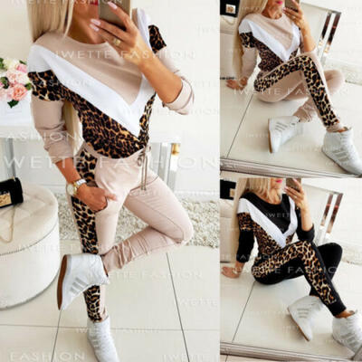 

Ladies Women Leopard Print Tracksuit Set Hooded Sweatshirt Long Pants Trousers