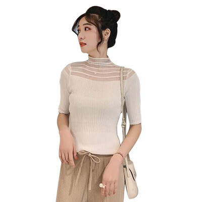 

Korean T-shirt Knitted Slim Pullover Women Tops Half Sleeve Thin Tight Fit Semi-high Collar Hollow Stitching Clothing Plus Size