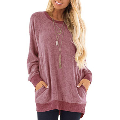 

Nomeni Women Casual Color Block Long Sleeve O-Neck Pockets T-Shirts Sweatshirt Blouse