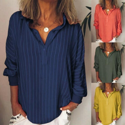 

Womens Summer Striped V Neck Blouses Loose Baggy Tops Tunic T Shirts