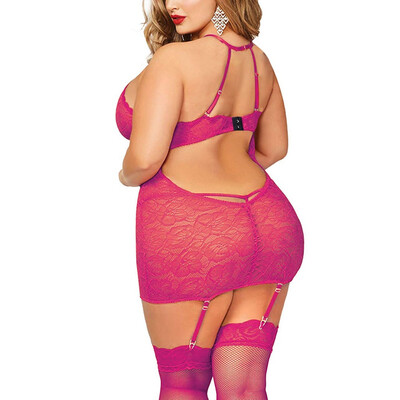 

Toponeto Women Sexy Halter Plus Size Lace Lingerie Keyhole Babydoll Chemise with Garters