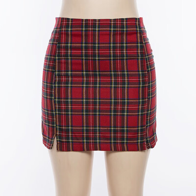 

Women Fashion Woven Plaid Print Mini Skirt Ladies Casual High Waist Split Bodycon Pencil Skirt Faldas Mujer Moda