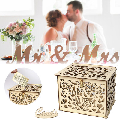 

Wooden DIY Hollow Heart Wedding Gift Cards Box Party Decor Case Holder with Lock