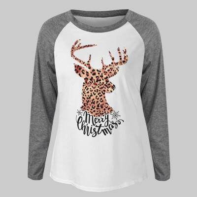 

Nomeni Women Merry Christmas Letter Print Leopard Elk Print Raglan Patchwork T-Shirt