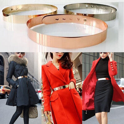 

Women Adjustable Metal Waist Belt Metallic Bling Gold Plate slim Simple Belt