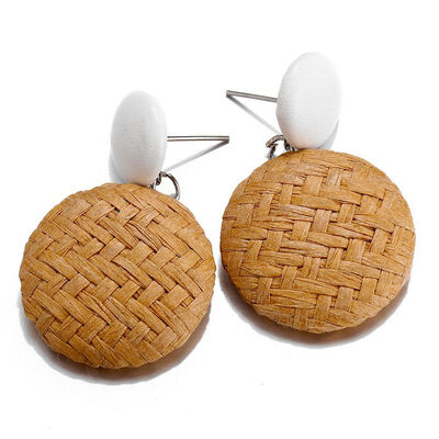 

Korea Summer Beach Wooden Straw Weave Rattan Vine Braid Geometric Vintage Ethnic Circle Stud Earrings For Women