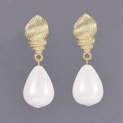 

Shell Pearl Bead Dangle Earrings Studs with Alloy Stud Earring Findings&Cardboard Boxes Golden 3839mm Pendant 21x13mm P