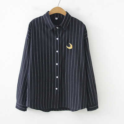 

Starmoon Fashion Women Top Stripe Lapel Shirt Weather Printing Long Sleeve Loose Blouse