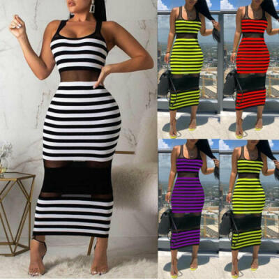 

Womens Sleeveless Bandage Bodycon Evening Party Cocktail Club Striped Dress