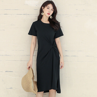 

Fashion Simple Casual Solid Color Womens Dress Slim Plus Size Short Sleeve Round Neck Split Dress