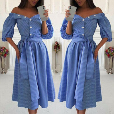 

US Casual Sexy Korean Fashion Off-Shoulder Loose Color Blue Summer Striped Dress