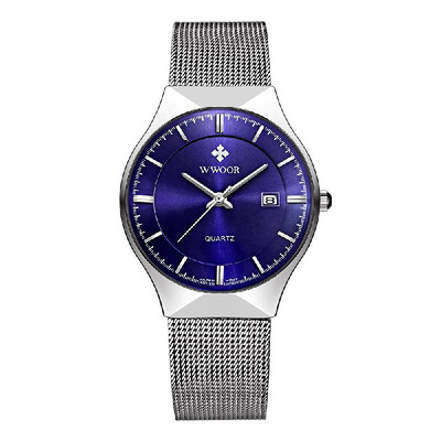 

WWOOR 2016 Ultra Thin Dial Fashion Mesh Stainless Steel Watches Calendar Quartz Analog Men Casual Wristwatch 30M Water-Proof Wat