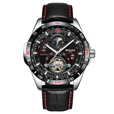 

BOYZHE WL019-P Business Men Automatic Mechanical Watch Moon Phase Time Display Fashion Casual Luminous Hands Leather Strap 3ATM Wa