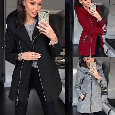 

New Women Winter Slim Coat Hooded Side Zipper Jacket Casual Warm Outwear