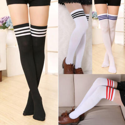 

Women Cable Knit Long Stripe Socks Over Knee Thigh School Girl Stocking N