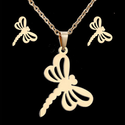 

Charms Jewelry Set Animal Horse Dragonfly Wedding Jewelry set Women Gold-Color Jewelry Stainless Steel Necklace Stud Earrings