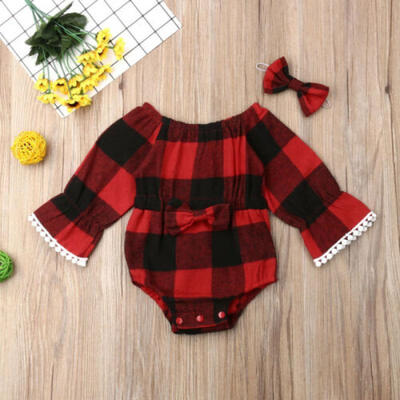 

Newborn Baby Girl Clothes Plaid Bowknot Romper Jumpsuit Bodysuit Headband Outfit