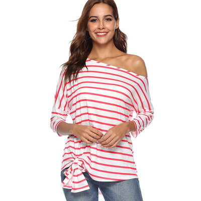 

T-Shirts Womem Striped Printed Bow Tee One Shoulder Irregular Top Female Batwing Sleeves Loose Casual Tee Top Streetwear