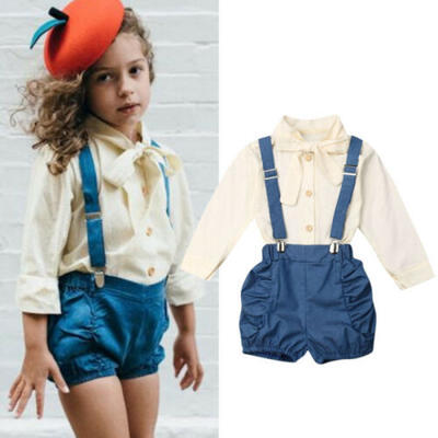 

Toddler Infant Baby Girl Clothes Bowknot Tie TopsBib Shorts Pants Outfits Set