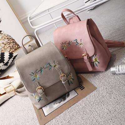 

New girls embroidered backpack PU leather ethnic style fashion flower color embroidered backpack